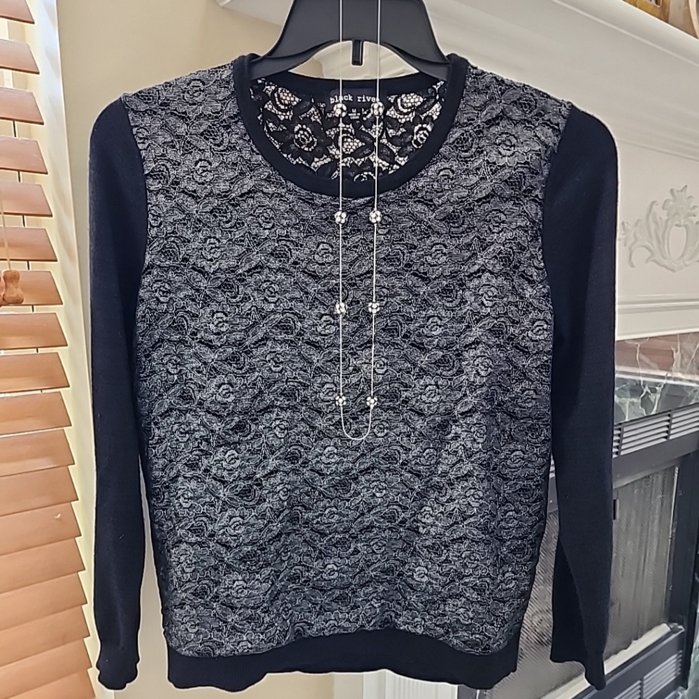 Womens Black Rivet Holiday Party Silver Lace Sweater Sz M